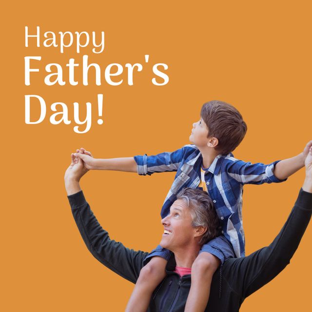 Heartwarming image featuring a loving father carrying his son on his shoulders with ‘Happy Father’s Day’ text on orange backdrop. Perfect for Father’s Day cards, family-oriented promotions, social media posts celebrating dads, parenting blogs, advertisements highlighting family values, and other holiday-themed marketing materials.