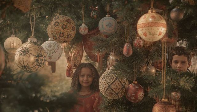 Siblings Peeking Behind Ornamented Tree with Festive Baubles