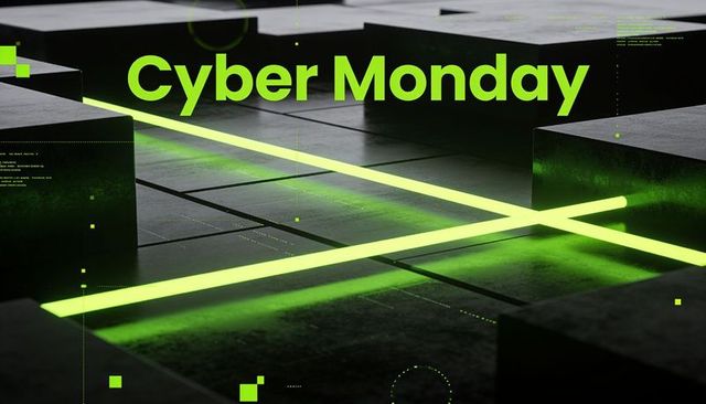 Neon green cyber monday scene on futuristic grid with crossing laser beams and hud