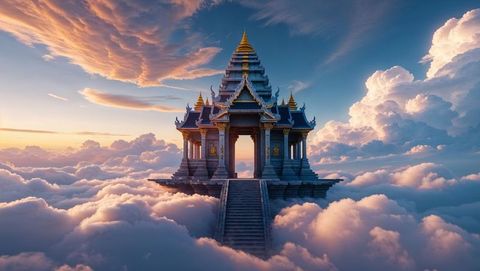 Majestic Temple Pavilion Adrift Among Serene Clouds at Sunset