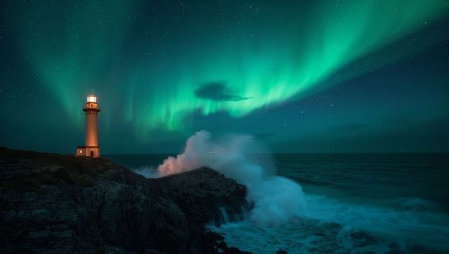 Lighthouse glowing beneath vibrant aurora borealis over crashing waves and rugged coastline