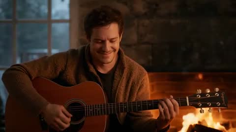 Man playing acoustic guitar by fireplace in cozy cardigan, intimate evening session
