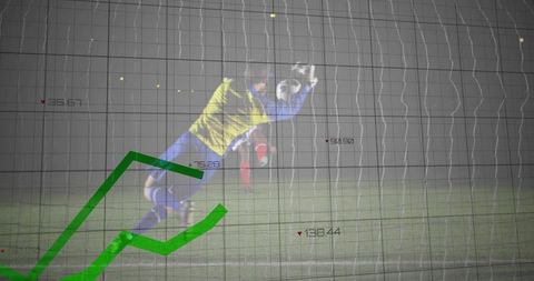 Goalkeeper Saving Soccer Ball at Night with Data Overlay