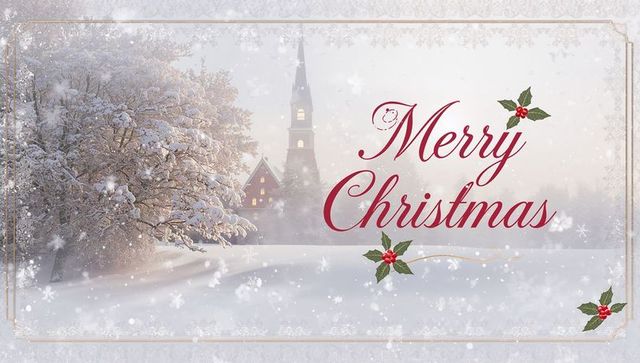 Elegant merry christmas script over snowy village with church steeple and holly accents