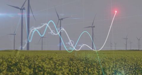 Wind turbines generating data insights over canola field with rising energy trend graph