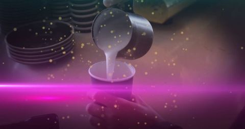 Barista crafting latte in cozy cafe with neon ambiance