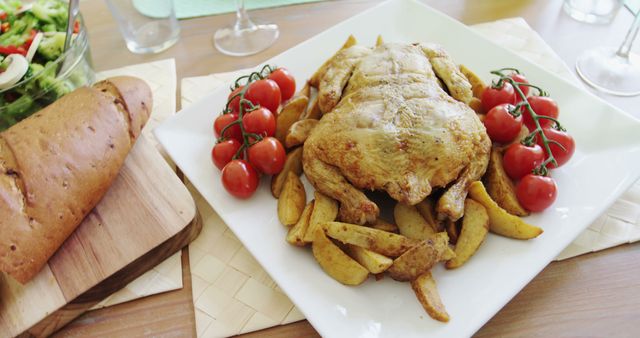 A roasted chicken surrounded by golden potatoes and fresh cherry tomatoes is served on a white platter, accompanied by a loaf of bread and a green salad. The meal presents a classic, hearty dish that's perfect for a family dinner or a festive occasion.