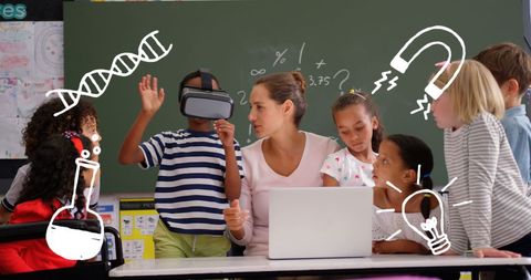 Teacher Guiding Diverse Students with VR and Science Symbols
