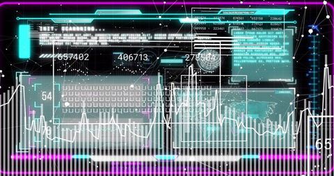 Neon futuristic hud dashboard with keyboard grid, waveforms and analytics readouts
