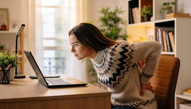 Leaning woman focusing on laptop in cozy home office wearing patterned knit sweater