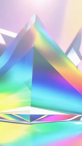 Vertical video prism rotating on mirrored base, pastel light refracting across geometric surfaces