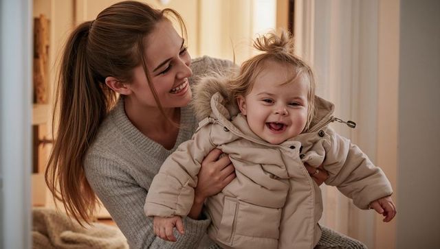 Smiling young mother holding laughing baby in cozy beige padded coat at home