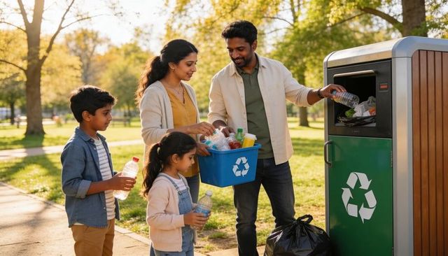 Family recycling together in sunny park teaching kids sustainability with blue crate