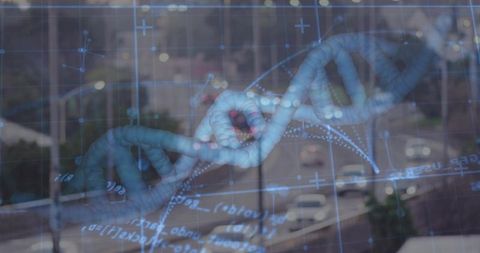 Digital dna helix overlaying urban highway grid visualizing genomics and smart cities