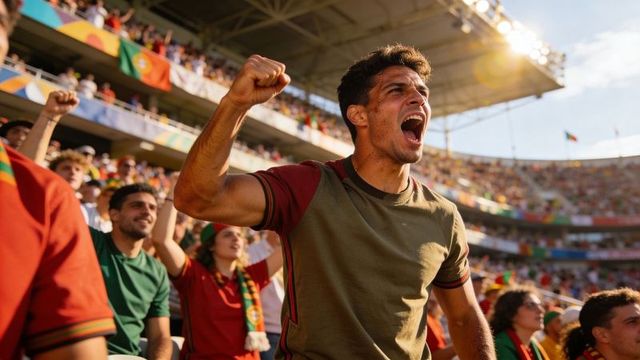 Young fan cheering passionately in stadium crowd at sunset soccer match
