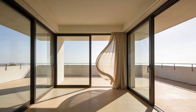 Billowing sheer curtain at sliding glass doors casting long shadows across sunlit terrace