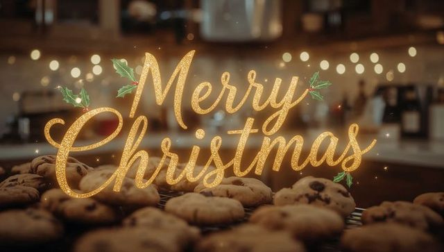 Merry Christmas Glitter Script Over Freshly Baked Chocolate Chip Cookies on Kitchen Counter
