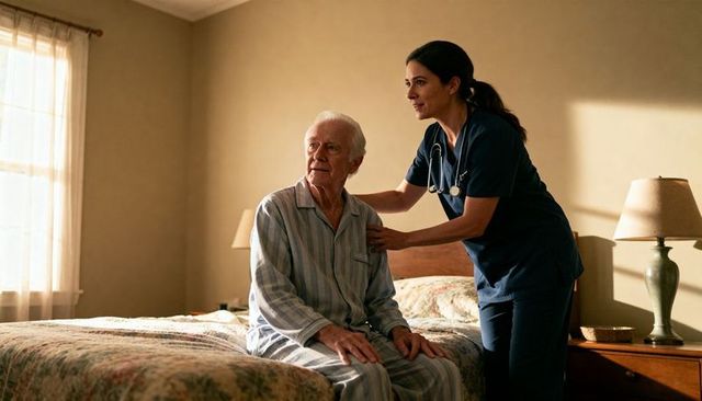 Nurse assisting elderly man sitting on bed in sunlit bedroom, gentle home care moment