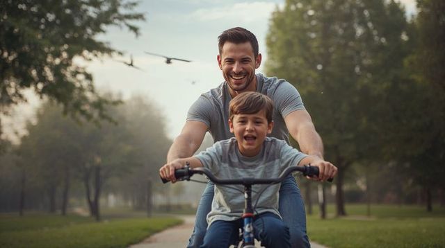 Smiling Father Guiding Son Riding Bike on Tree-Lined Park Path, Family Bonding