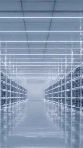 Vertical walkthrough of futuristic server room with LED lines and mirrored reflections