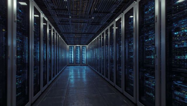 Glowing server aisle in high-density data center with glass cabinets and blue leds