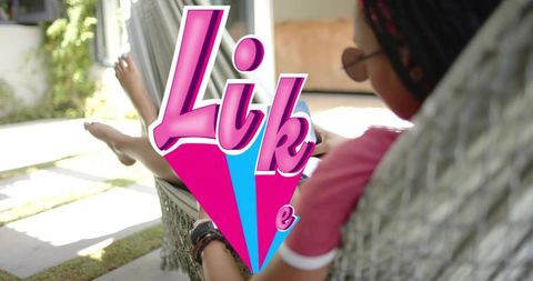 Relaxing in hammock chair on sunny patio while scrolling smartphone with colorful graphic
