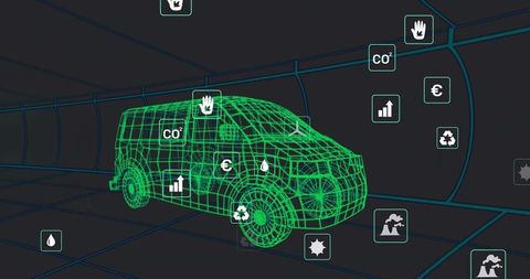 Futuristic Wireframe Van with Eco and Economic Icons in Digital Tunnel