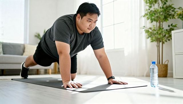 Asian man holding high plank on yoga mat in sunlit living room for home workout