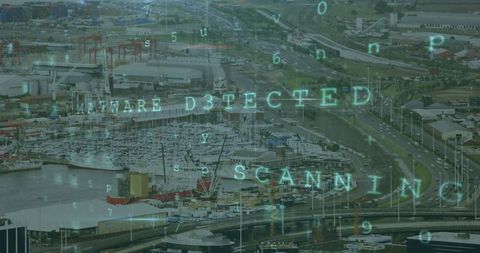 Cityscape Intersecting with Digital Data Security Matrix