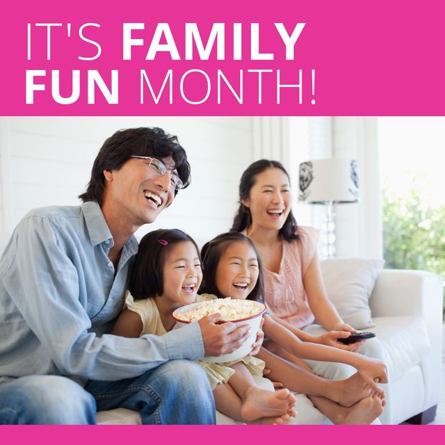 Composite of happy asian parents with daughter enjoying movie at home and it's family fun month text. copy space, popcorn, family, love, togetherness, childhood, enjoyment and celebration concept.