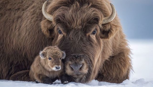 American bison mother cuddling newborn calf on snowy plain closeup winter wildlife intimate