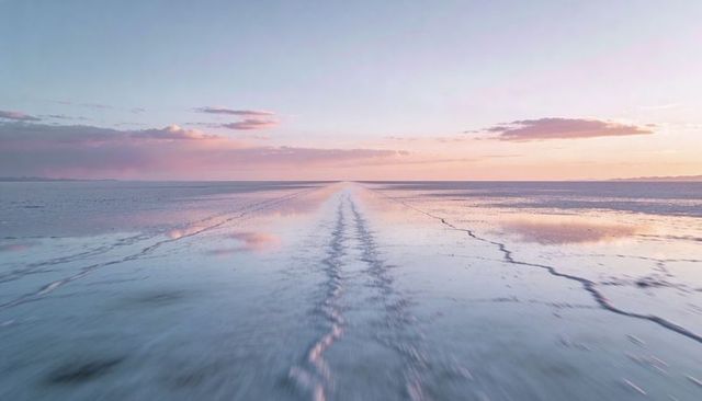 Endless pink salt flat with tire tracks stretching into reflective pastel dawn horizon