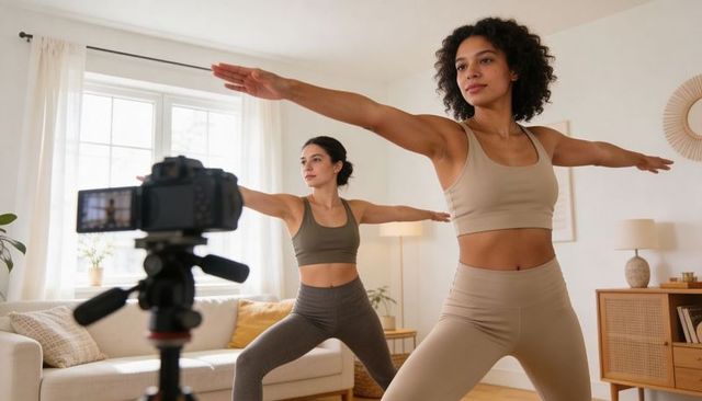 Two Women Practicing Yoga at Home Filming Fitness with Camera Tripod and Natural Light