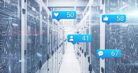 Data Center Corridor with Social Media Interaction Icons