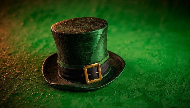Green Leather Top Hat with Brass Buckle Resting on Water-Dotted Textured Surface