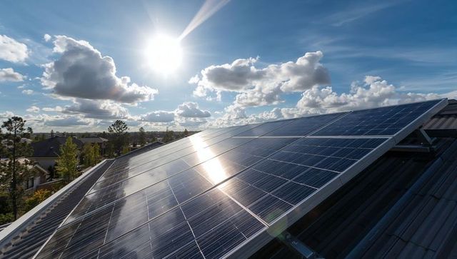 Glinting rooftop solar panels reflecting bright sun over suburban neighborhood rooftops with metal r