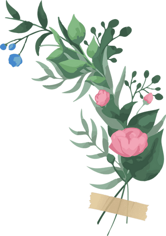 Scenic bouquet with blossoms, berries, and tape on clear background
