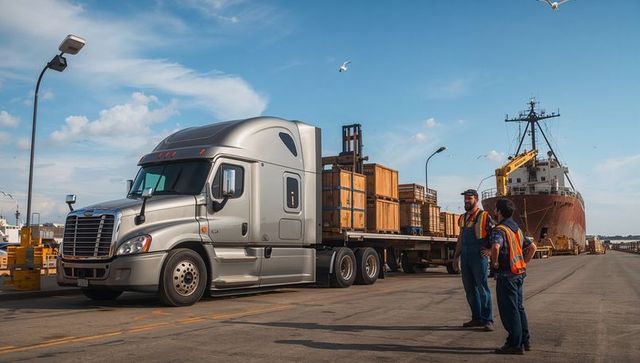 Silver semi-truck carrying wooden crates on port dock with workers wearing hi-vis vests