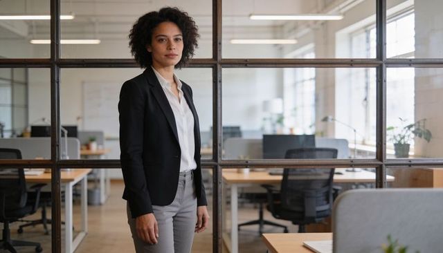 Standing confident businesswoman in modern open-plan office with glass partition, natural daylight