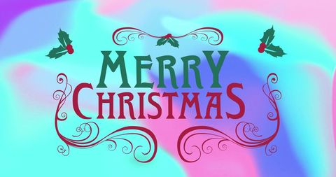 Merry Christmas Text with Festive Decorations on Vibrant Background