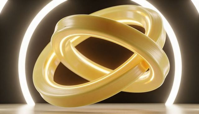 Golden torus knot sculpture floating with illuminated ring lights, metallic glossy abstract