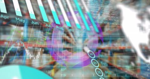 Futuristic Warehouse with Digital Interface Graphics and Data Visualization