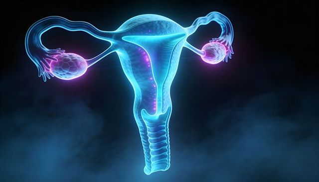 Glowing holographic uterus with neon ovaries and fallopian tubes, 3d medical anatomy visualization