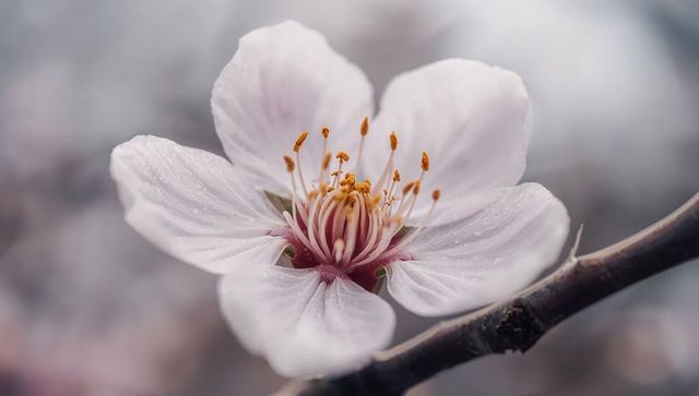 Soft pale pink blossom closeup with dew-kissed petals and golden stamens