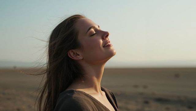 Young woman breathing deeply on windy beach at golden hour, eyes closed, serene solitude
