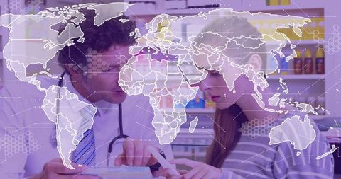 Doctor pointing explaining medication to teen at pharmacy counter with global overlay