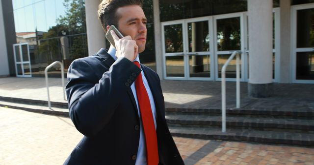 Confident Businessman Walking Outside Office While Talking on Phone - Download Free Stock Images Pikwizard.com