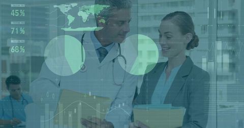 Healthcare professionals analyzing business data in office environment