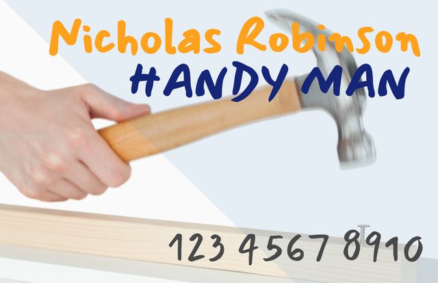 Handyman service advertisement showing a person using a hammer on a wooden surface with highlighted phone number. Great for flyers, business cards, social media banners, and promotional materials. Ideal for marketing repair and construction services.