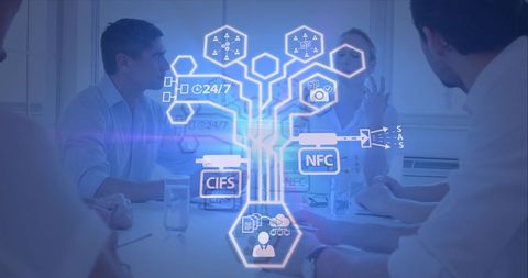 Digital interface analytics over business meeting scene illustration